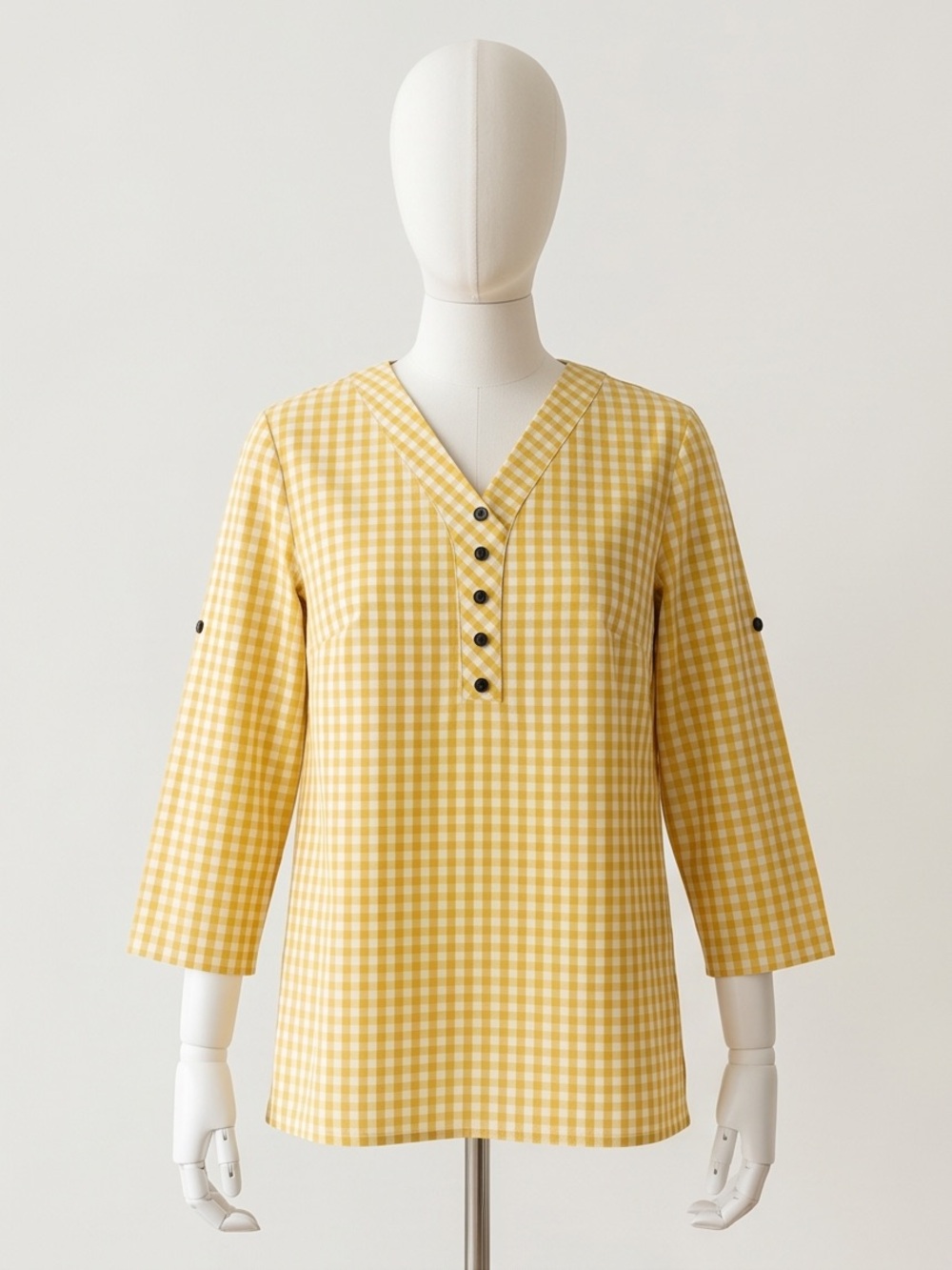 Women’s Yellow Gingham V-Neck Button-Front Tunic